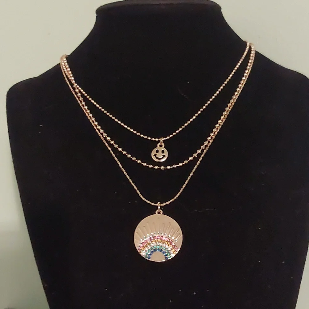 Gold Toned Three Strand Rainbow Smiley Face Ball Chain Necklace